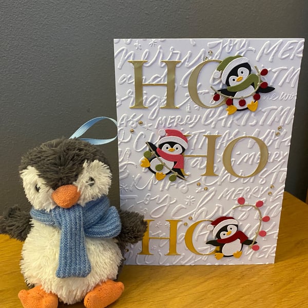 Handmade Penguin Christmas Card – Cute Trio of Penguins with Christmas Lights