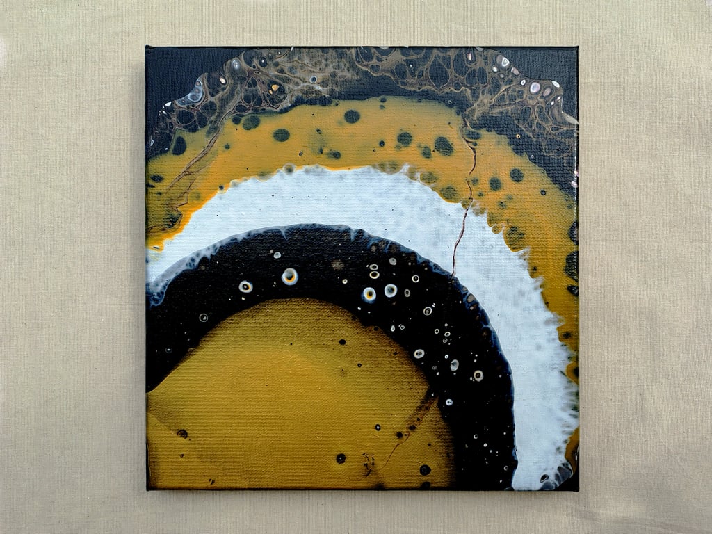Acrylic Pour Art Canvas, Wall Art - Black, White and Gold Colour Scheme
