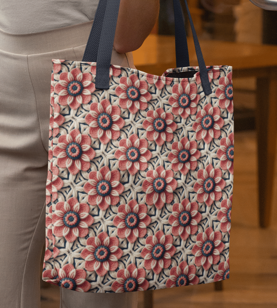 Crochet-Inspired Floral Seamless Print Tote Bag