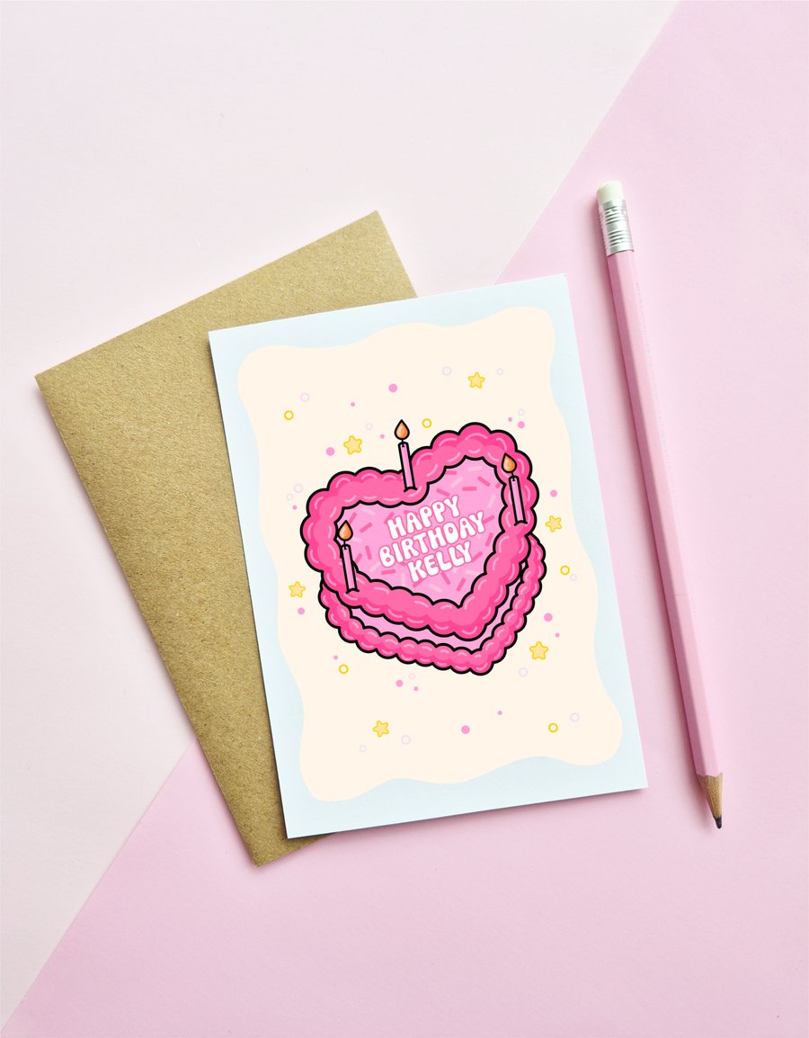 Personalised Pink Heart Cake Birthday Card