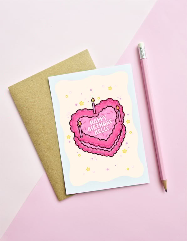 Personalised Pink Heart Cake Birthday Card