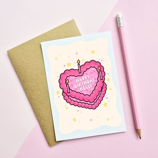 Personalised Pink Heart Cake Birthday Card