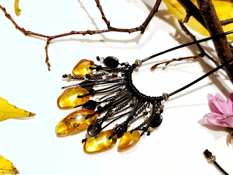 Natural Amber Shiny Necklace Leather Cord 