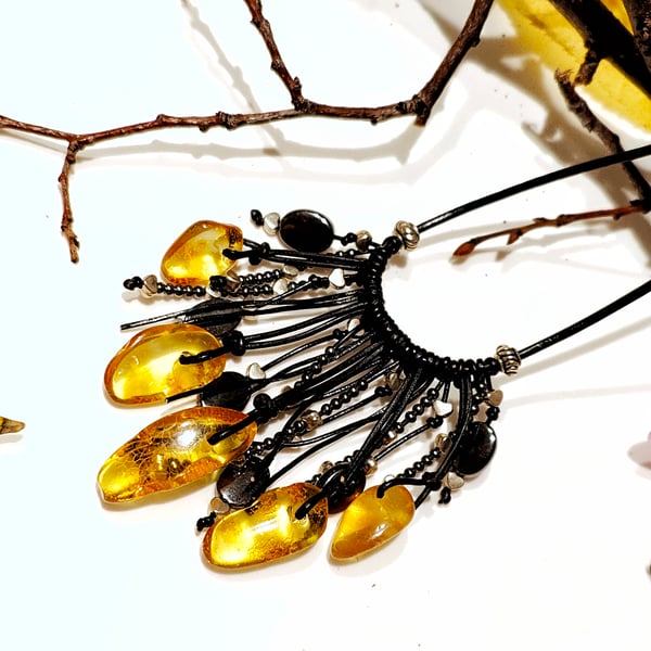 Natural Amber Shiny Necklace Leather Cord 