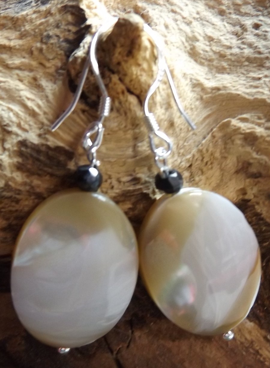 Shell pearl puffy ovals with black spinel sterling silver earrings