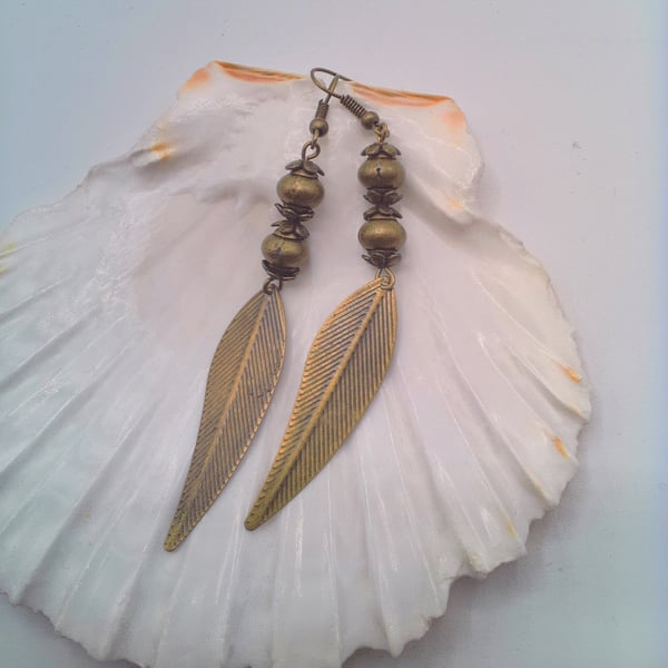 Boho Style Antique Bronze Feather and Ball Earrings , Gift for Her, Feathers