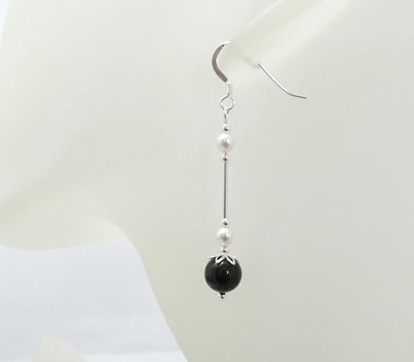 Long Black & White Pearl Earrings With Sterling Silver Tubes