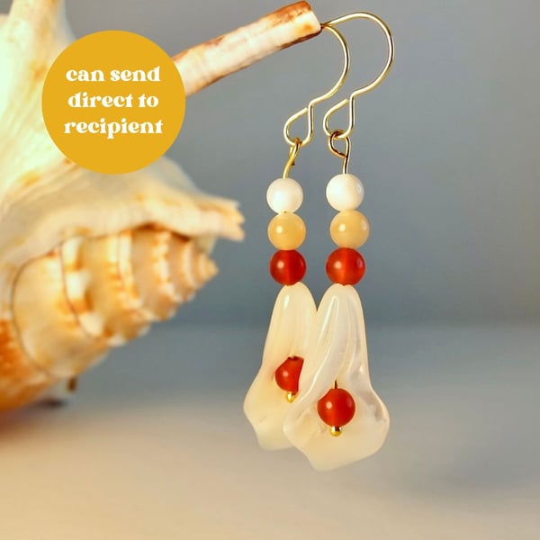 Mother Of Pearl Lily Flower Earrings With Carnelian - Handmade In Devon