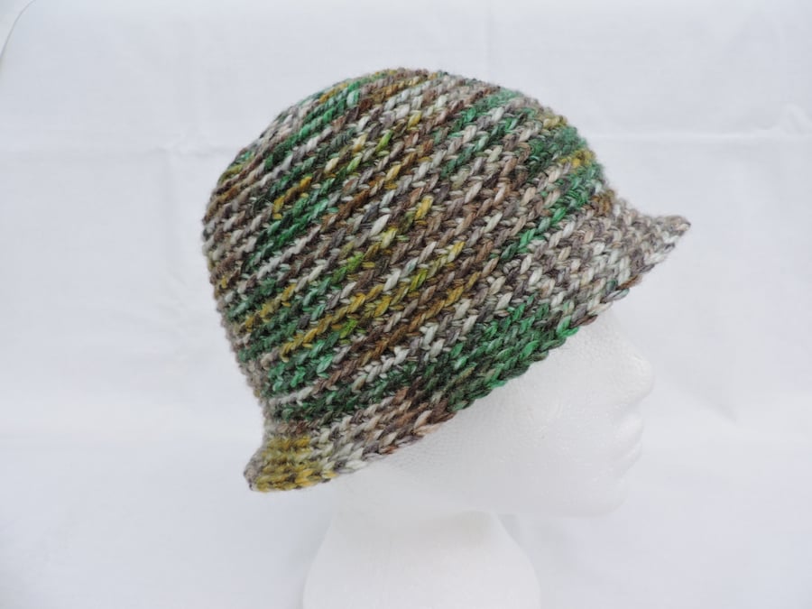  Cloche Hat Crochet Green Mustard Brown Cream