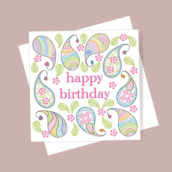 Happy Birthday card - paisley design. Blank inside. Free delivery