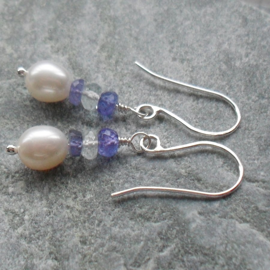 Argentium Silver Freshwater Cultured Pearl Tanzanite and Blue Topaz Earrings