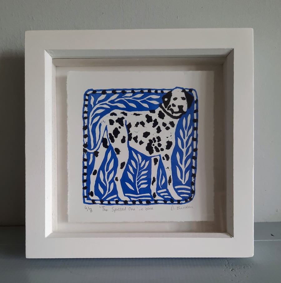 Box framed limited edition linocut print of dalmatian dog