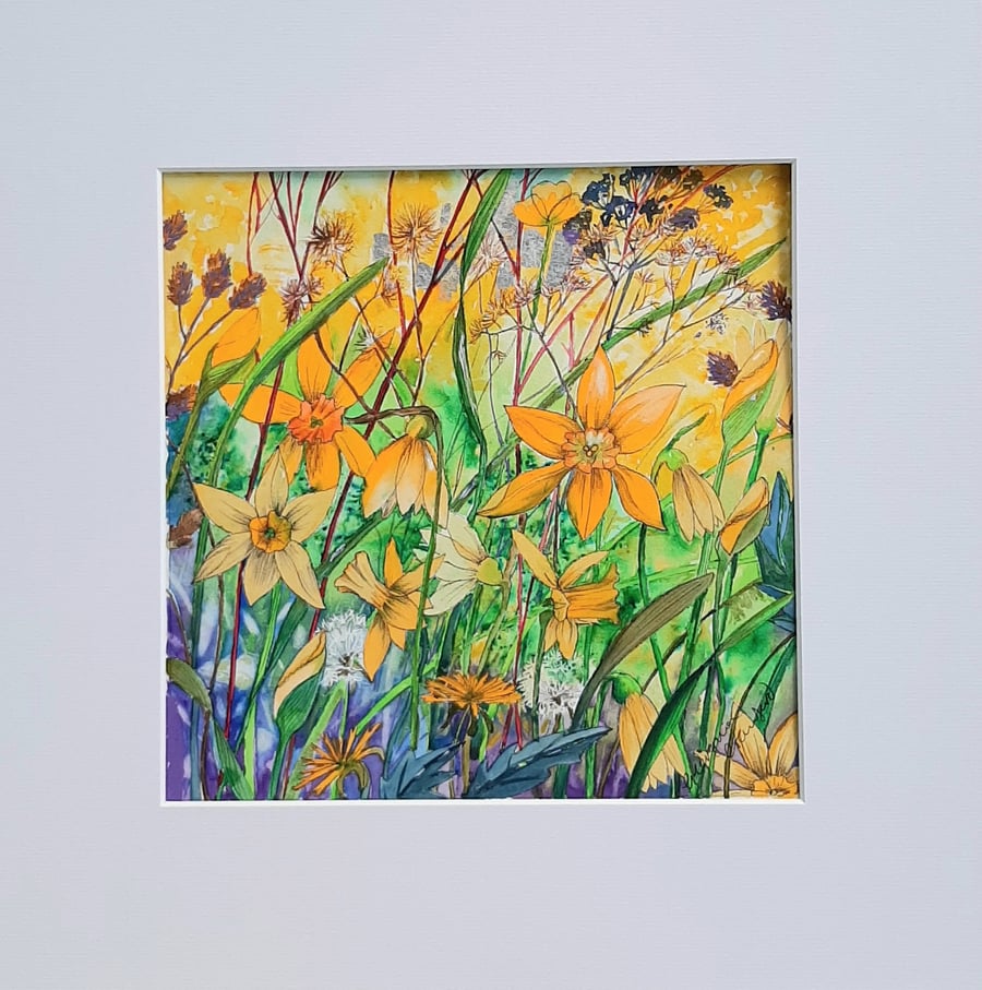 Daffodil Painting and Wildflowers. With Silver Leaf. Free UK Post Spring Colours