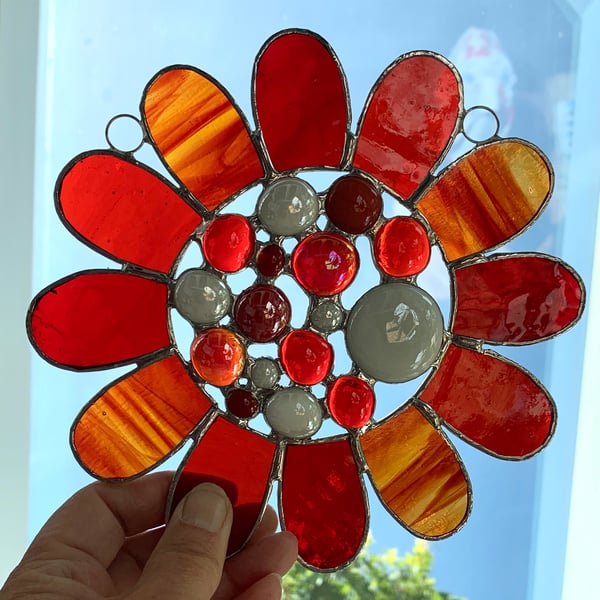 Stained Glass Bead Daisy Suncatcher - Handmade Window Decoration - Red