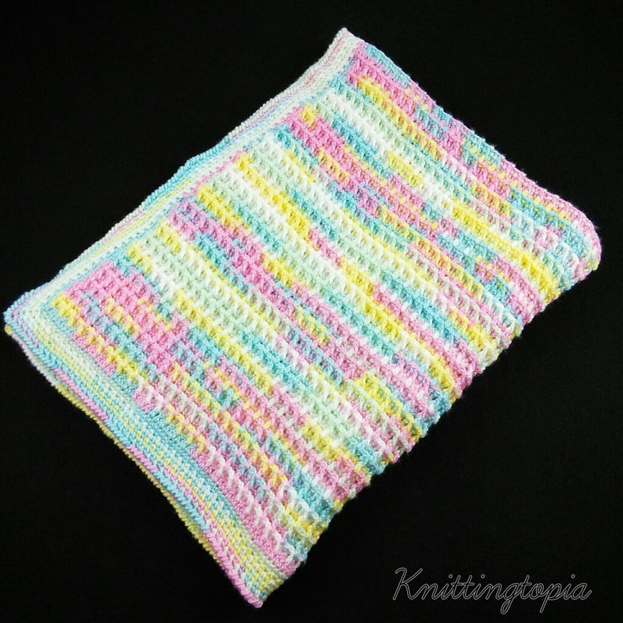 Hand crochet baby pram blanket waffle stitch spring summer pastel colours 