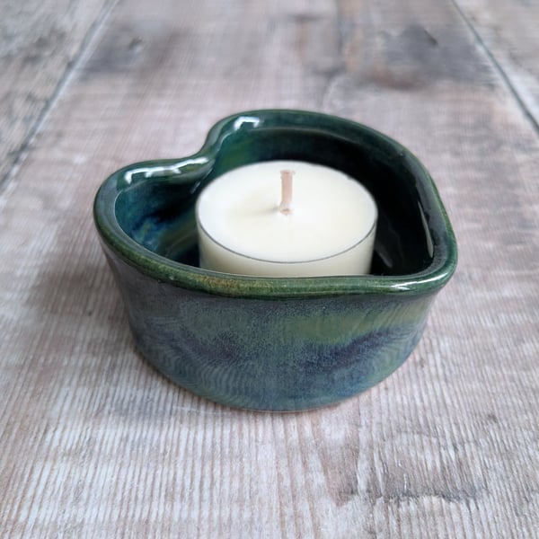 Perfectly imperfect Ceramic heart tealight, green and blue