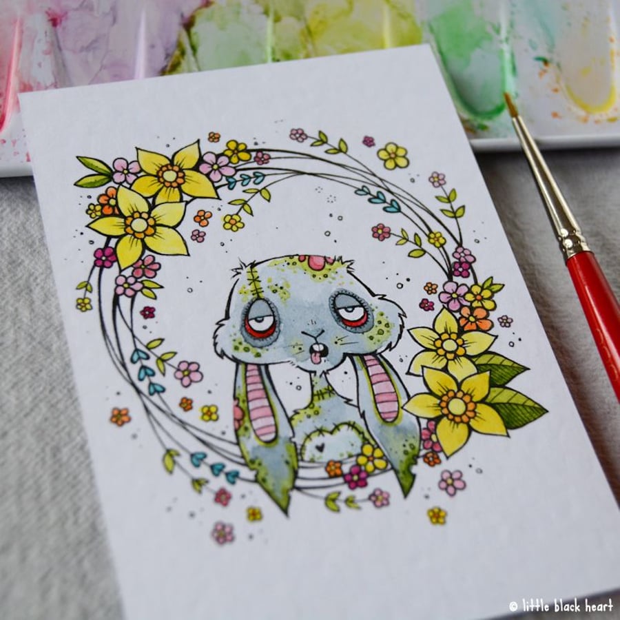 zombie easter bunny with floral wreath - original aceo