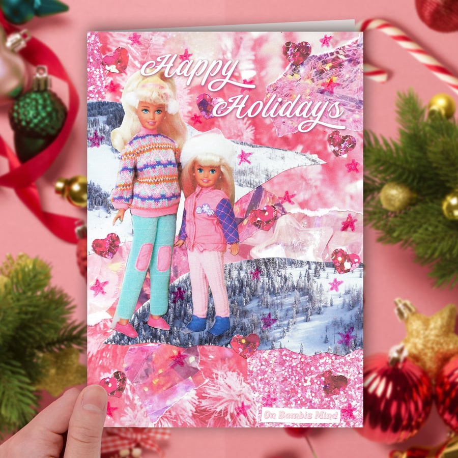 'Happy Holidays' Barbie collage A6 Christmas Card