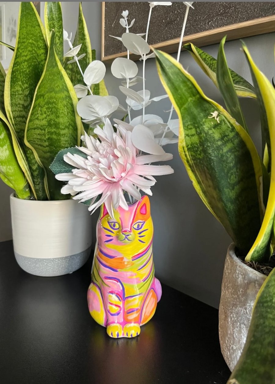 Handpainted Cat Vase – pop art cat lover cat Home Decor, Cute Animal Gift