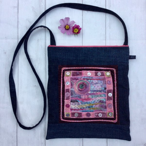 Denim Textile Crossbody Bag made from Repurposed Fabrics