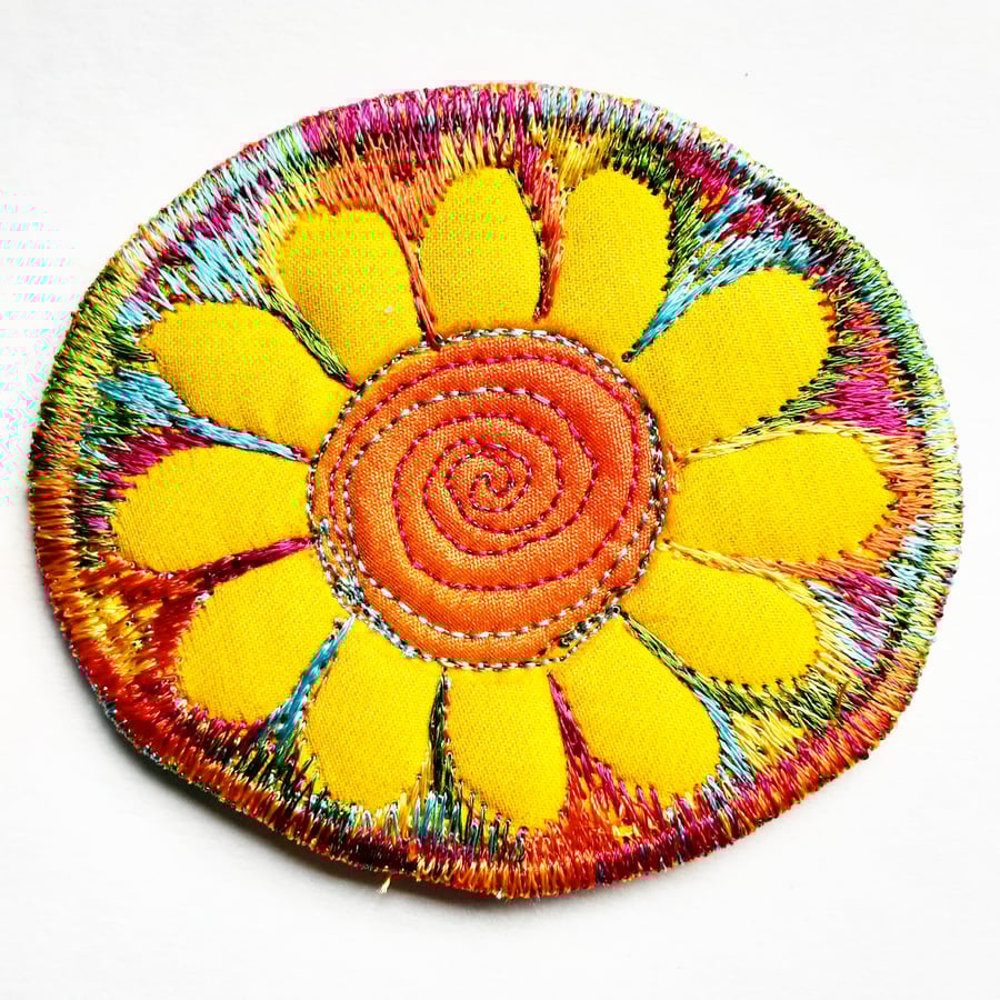 Textile Flower Brooch with Free Machine Embroidery and Applique 