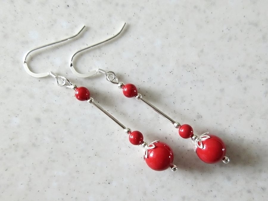 Long Red Earrings With Sterling Silver Tubes & Swarovski Pearls