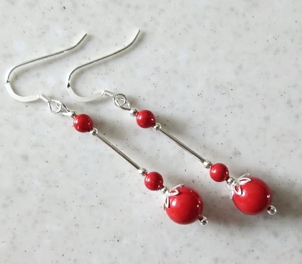 Long Red Earrings With Sterling Silver Tubes & Swarovski Pearls