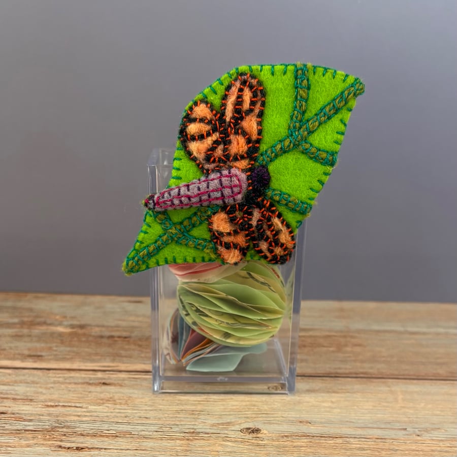 Needle-felt and Embroidery Dragonfly on a Leaf