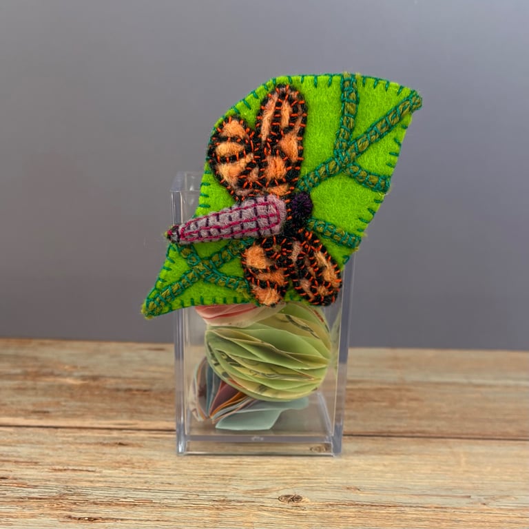 Needle-felt and Embroidery Dragonfly on a Leaf