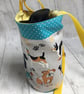 Water bottle carrier with phone pocket. Grey, turquoise and yellow dog design.