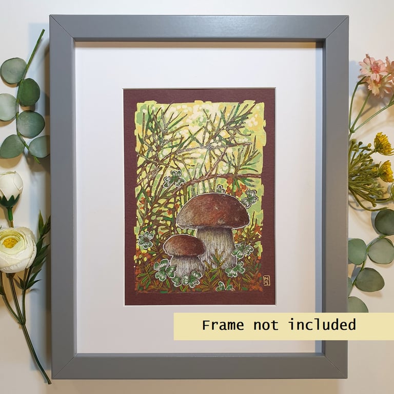 Bolete mushrooms in the undergrowth original artwork, small drawing