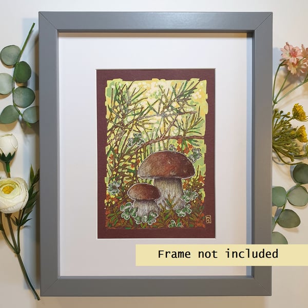 Bolete mushrooms in the undergrowth original artwork, small drawing