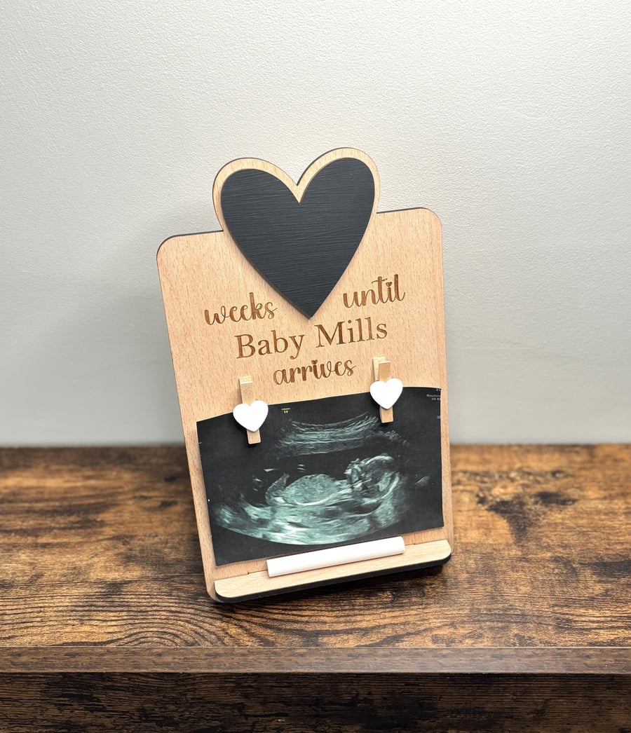 Personalised Engraved Wooden Baby Countdown Board & Pegs For Scan Photo...