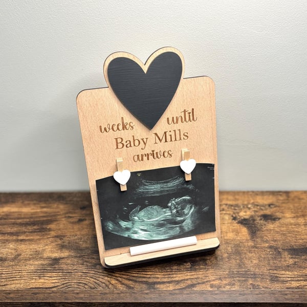 Personalised Engraved Wooden Baby Countdown Board & Pegs For Scan Photo...