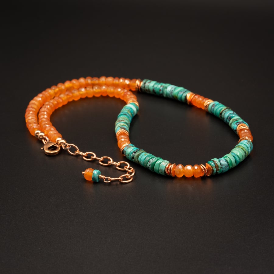Natural turquoise, carnelian and copper statement necklace, Turquoise jewelry