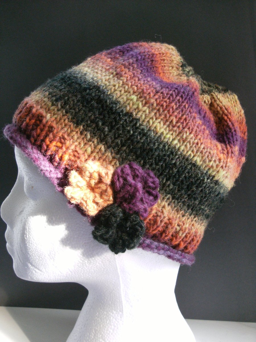 Handknit Noro 3-Flowered Beanie Hat 100% wool black, orange, yellow, purple MED