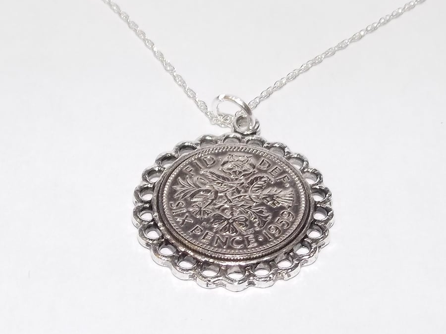 Fine Pendant 1959 Lucky sixpence 65th Birthday plus a Sterling Silver 18in Chain