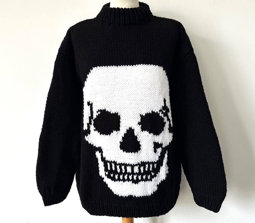 Goth White Skull Black Background Hand Knitted  