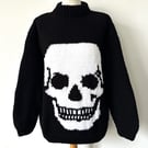 Goth White Skull Black Background Hand Knitted  