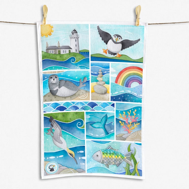 Seaside Tea Towel - Coastal Nautical Kitchen Gifts - Puffin, Seal, Gannet