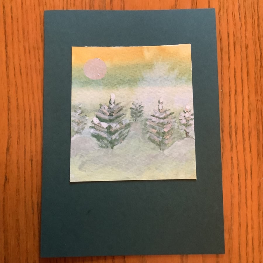Hand painted Yule Christmas Card ' Five Yule Trees'