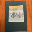 Hand painted Yule Christmas Card ' Five Yule Trees'