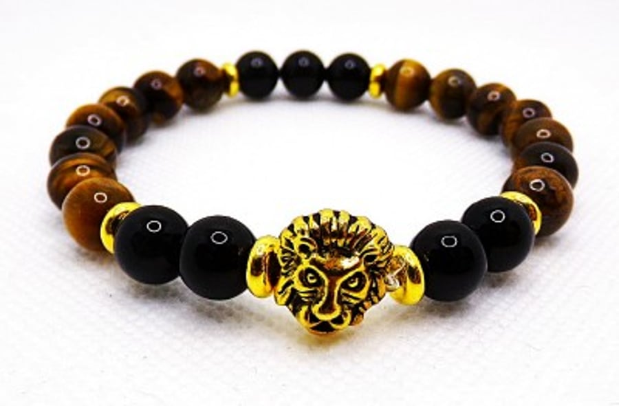 Tigers Eye, Black Onyx Bracelet With Lions Head
