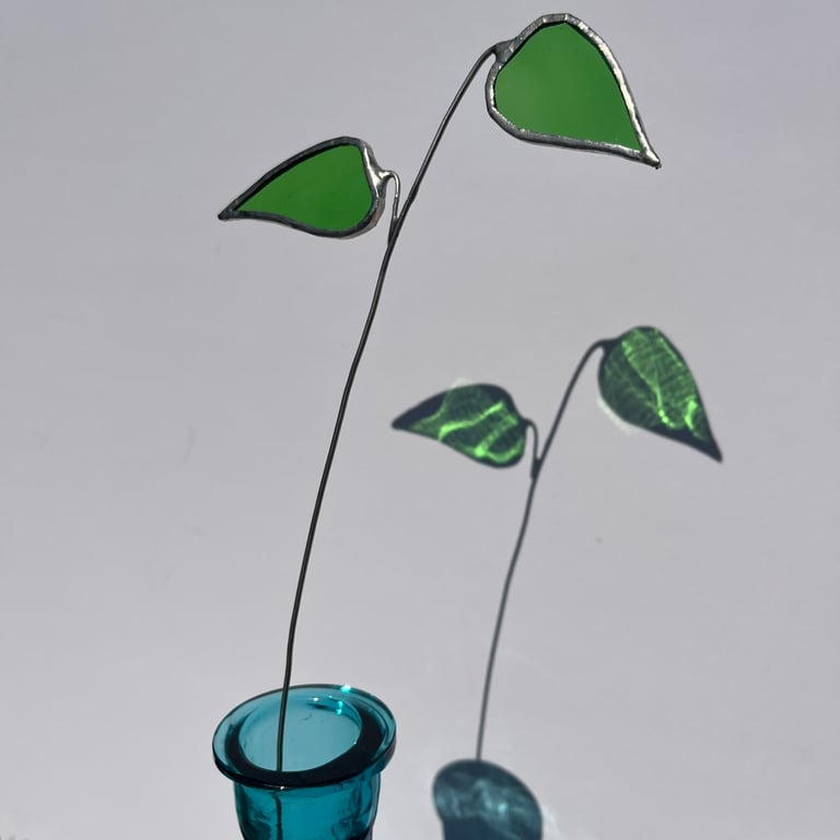 Stained glass leaves on wire stem for floral arrangement
