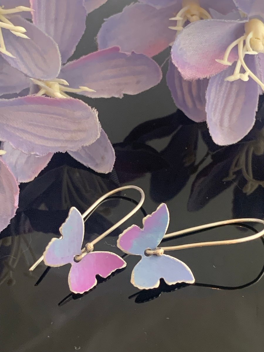 Printed Aluminium and sterling silver earrings - purple butterfly drops