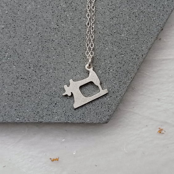 Recycled sterling silver sewing machine necklace – gift for a sewer 