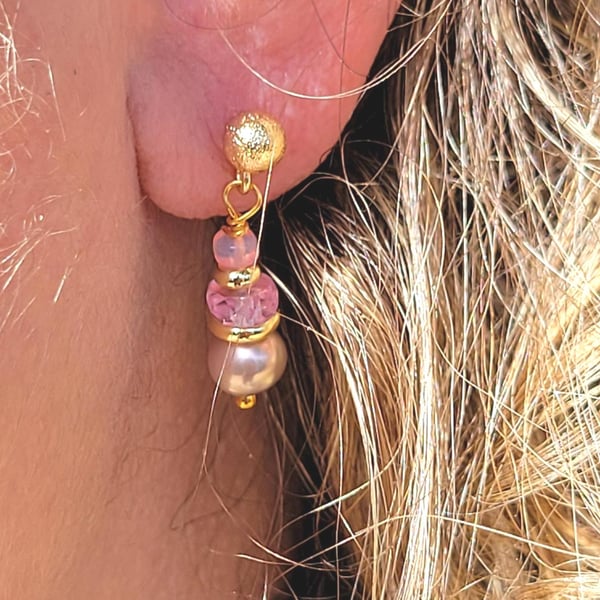 Luxury Pink Pearl Bridesmaid Earrings: Sapphire & Opal Gem Cluster