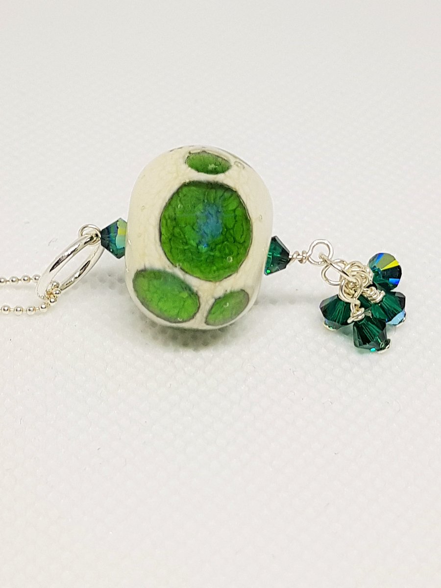 Organic Green Lampwork Glass Focal Bead Necklace on sterling silver chain