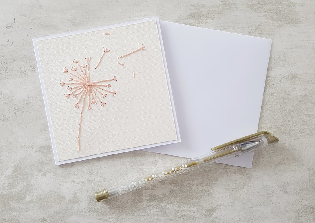 Dandelion Hand Stitched Peach Card, Sympathy Keepsake Card, Thinking of You Card