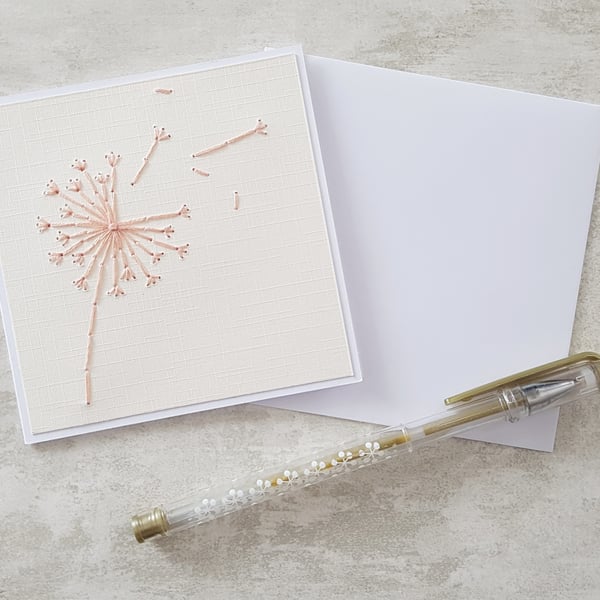Dandelion Hand Stitched Peach Card, Sympathy Keepsake Card, Thinking of You Card